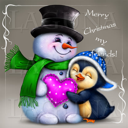 Little Penguin Hugging Snowman