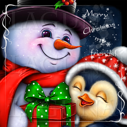 Little Penguin Hugging Snowman