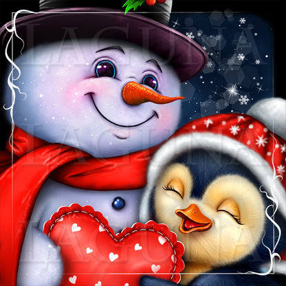 Little Penguin Hugging Snowman