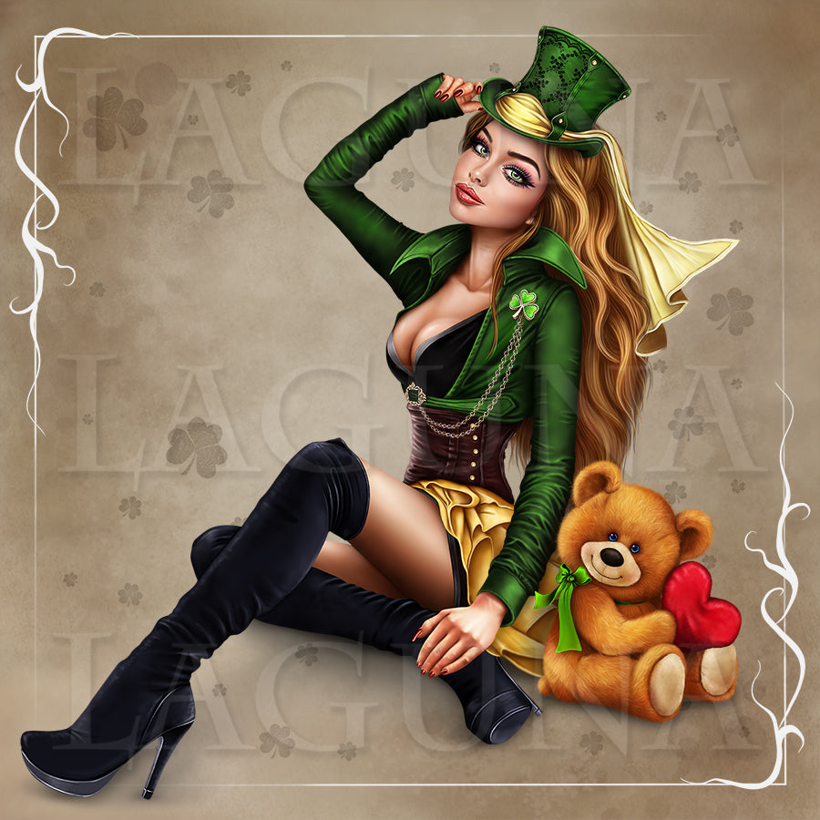 Mardi Gras (Leprechaun) Girl with Teddy Bear