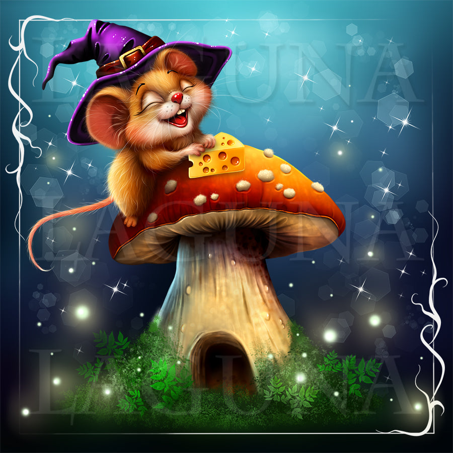 A whimsical digital illustration of a small brown mouse wearing a purple witch hat, sitting on a large red-and-white mushroom and eating a wedge of yellow cheese. The scene is set against a glowing blue starry background with decorative white border flourishes.