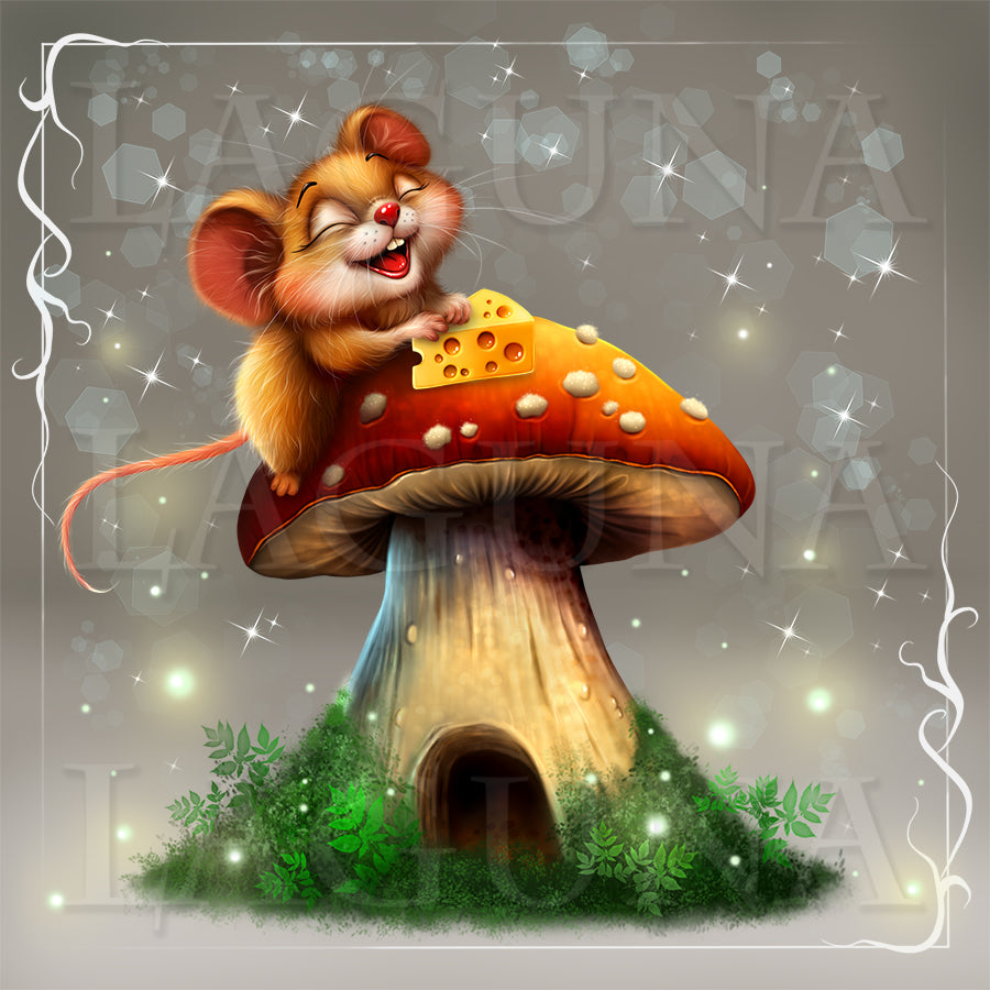 A whimsical fantasy illustration of a small orange-brown mouse sitting on a large red-and-orange mushroom with white spots, holding a wedge of cheese, against a soft gray sparkling background with decorative white border elements.