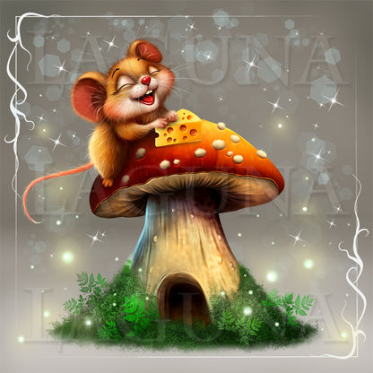 A whimsical fantasy illustration of a small orange-brown mouse sitting on a large red-and-orange mushroom with white spots, holding a wedge of cheese, against a soft gray sparkling background with decorative white border elements.