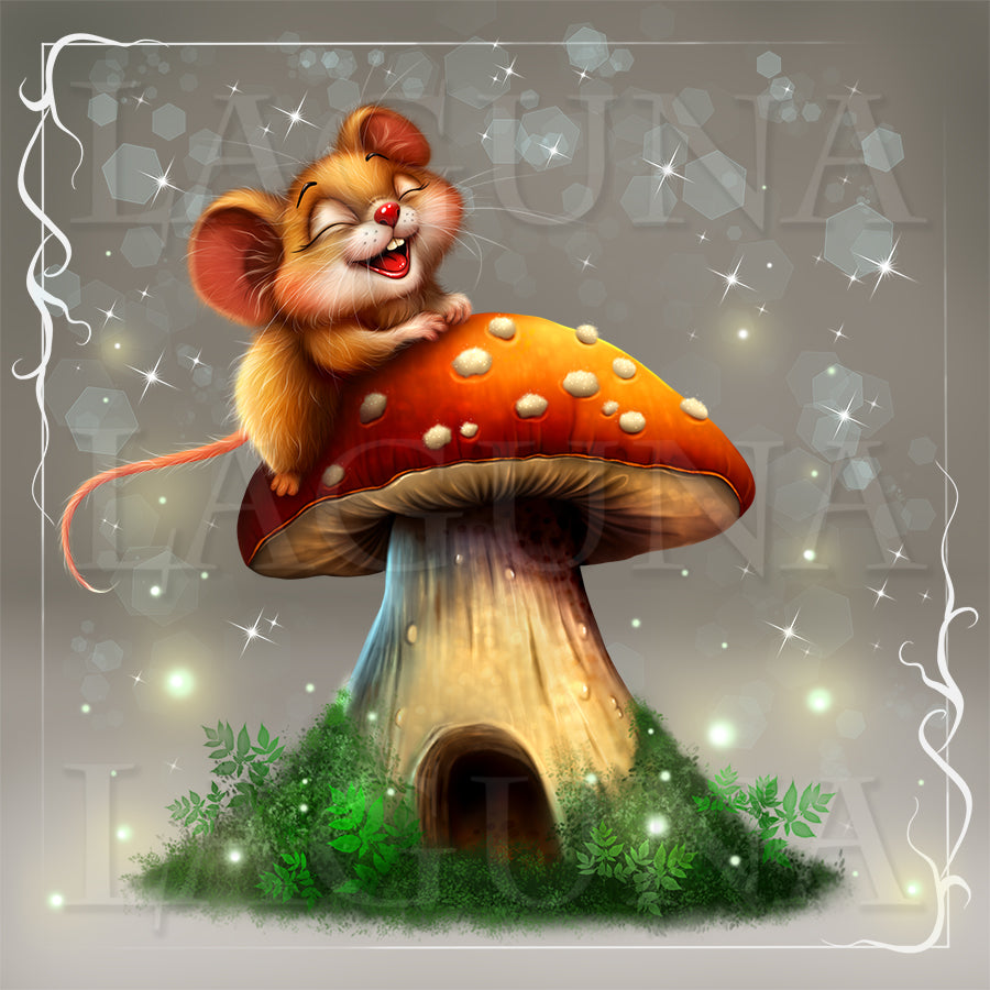 A whimsical fantasy illustration of a small orange-brown mouse sitting on a large red-orange mushroom with white spots, set in a glowing forest scene with sparkles and a gray background.