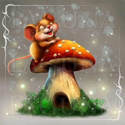 A whimsical fantasy illustration of a small orange-brown mouse sitting on a large red-orange mushroom with white spots, set in a glowing forest scene with sparkles and a gray background.