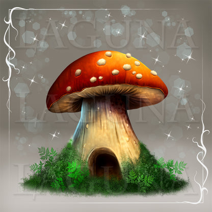 A whimsical mushroom house illustration with a large orange-red cap, cream spots, and a wood-toned stem rising above green grass and foliage, set against a soft gray background with sparkles and a decorative white border.