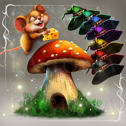 A whimsical fantasy illustration of a small orange mouse holding a wedge of cheese above a large red-and-brown mushroom, with five colorful witch hats on the right. The scene shows all possible color options for the hat, and what is on separate layers.