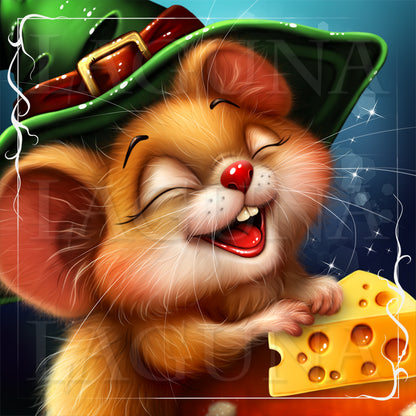 A stylized digital illustration of a smiling orange mouse wearing a green hat and holding a wedge of cheese, set against a dark blue background with decorative sparkles and a white ornamental border.