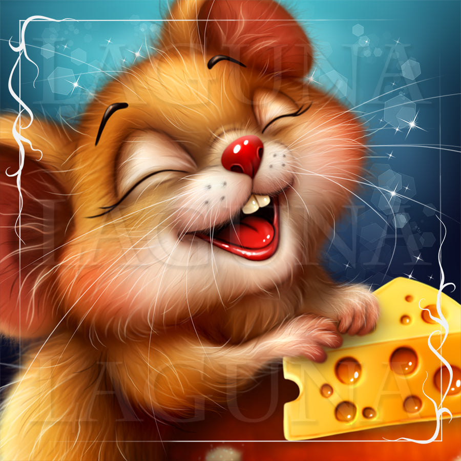 A stylized digital illustration of a smiling orange mouse holding a wedge of Swiss cheese, with a blue sparkly background and decorative white frame lines.