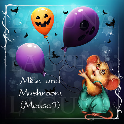 Halloween-themed illustrated artwork featuring a cartoon mouse in teal overalls near three balloons—a jack-o'-lantern, one purple balloon, and one dark purple balloon—against a blue background with bats and the text 'Mice and Mushroom (Mouse3)'.