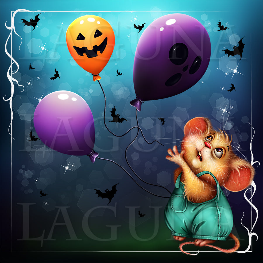 Halloween illustration of a small orange mouse in tiny pants, reaching toward three balloons: one orange jack-o'-lantern, one purple, and one purple with a ghost face, against a dark blue background with bats and sparkles.