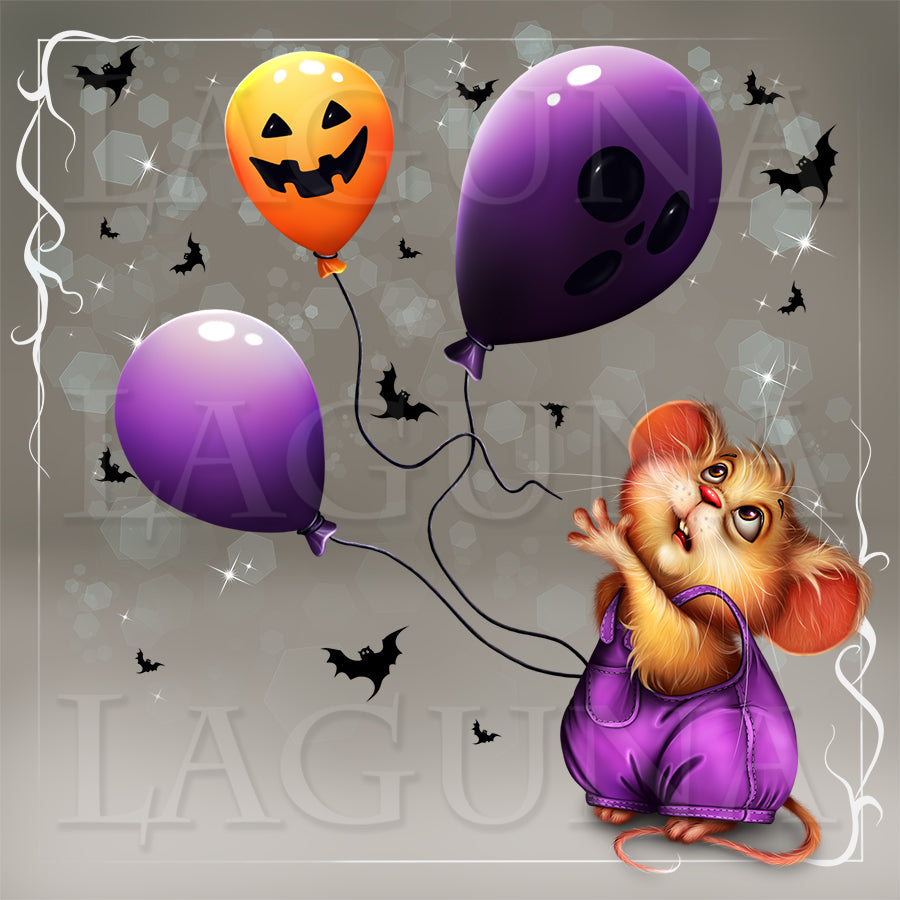 A whimsical Halloween illustration of a small orange mouse in purple overalls holding three balloons: one orange jack-o'-lantern, one purple ghost, and one purple purple. Bats and sparkles decorate a gray background with a decorative white border.