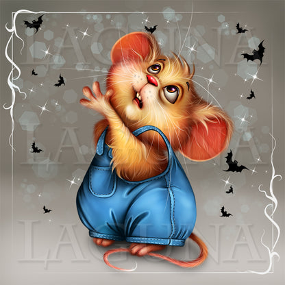 A stylized illustration of a small orange-brown mouse wearing blue denim-style overalls, posed against a gray background with bat silhouettes, sparkles.