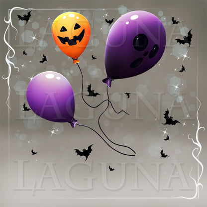 Halloween-themed graphic with three balloons: one orange jack-o'-lantern face, one purple ghost face, and one purple balloon, floating on a gray background with black bats and white sparkles.