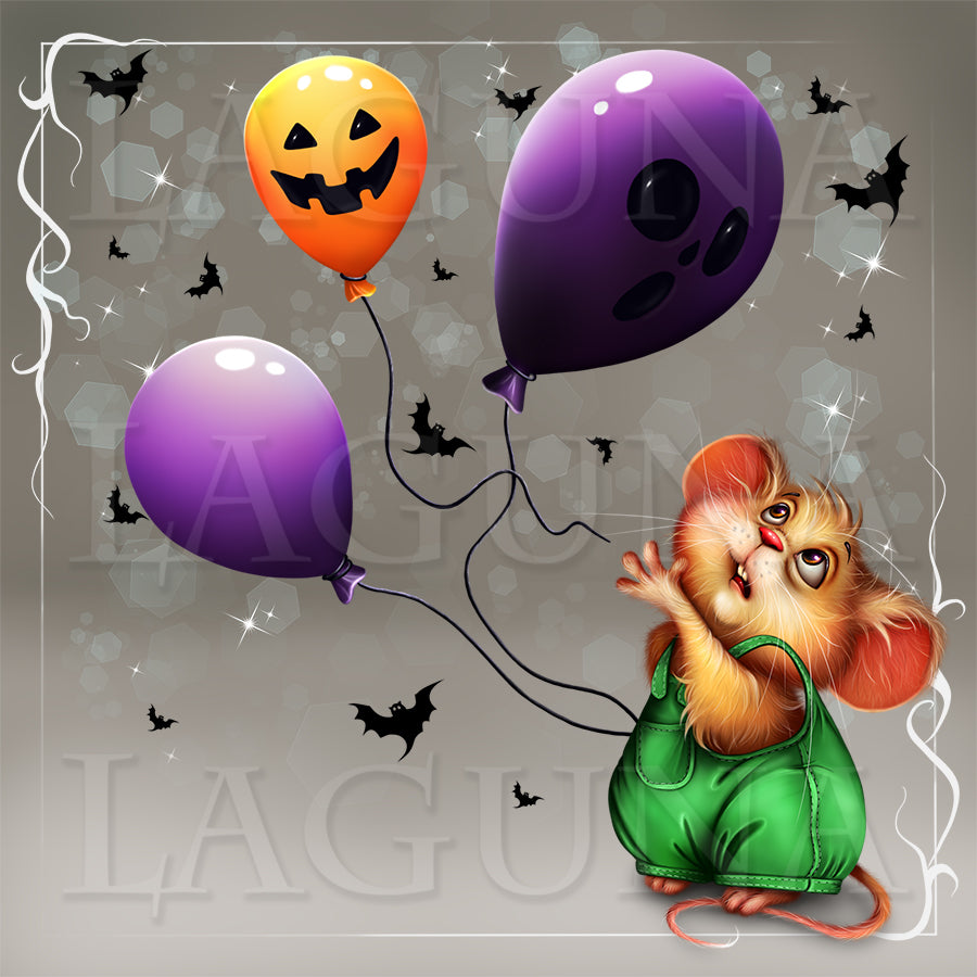 A whimsical Halloween illustration featuring a small orange mouse in green overalls holding three balloons: one purple with a ghost face, one purple, and one orange with a jack-o'-lantern face. Black bats and sparkles decorate a gray background with a decorative white border.