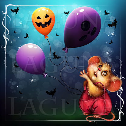 Halloween-themed illustration of a small orange mouse in a red outfit reaching toward three balloons: one orange jack-o'-lantern, one purple with a ghost face, and one purple without face. Black bats and sparkles appear on a blue gradient background with a decorative white border.