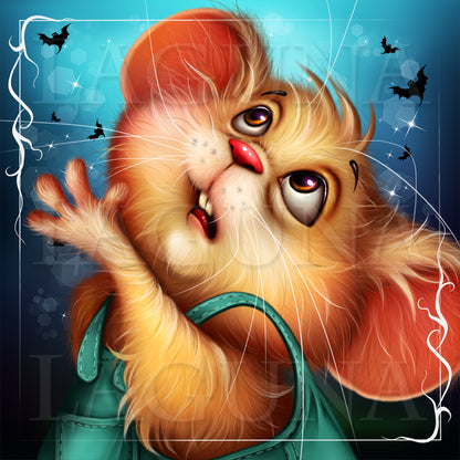 A stylized digital illustration of a fluffy orange mouse wearing tiny pants, set against a blue background with bats, stars, and decorative white border lines.