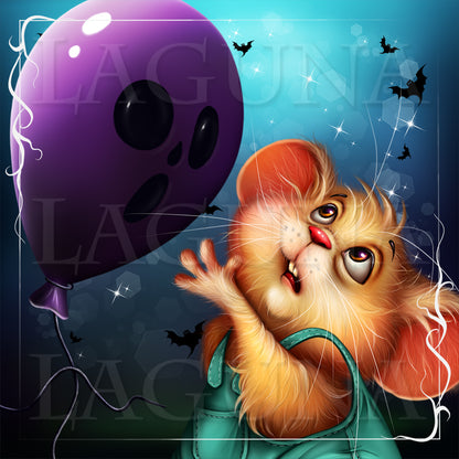A whimsical Halloween-style illustration of a fluffy orange mouse wearing tiny pants, reaching toward a large purple balloon with black facial features against a blue starry background with bats and sparkles.