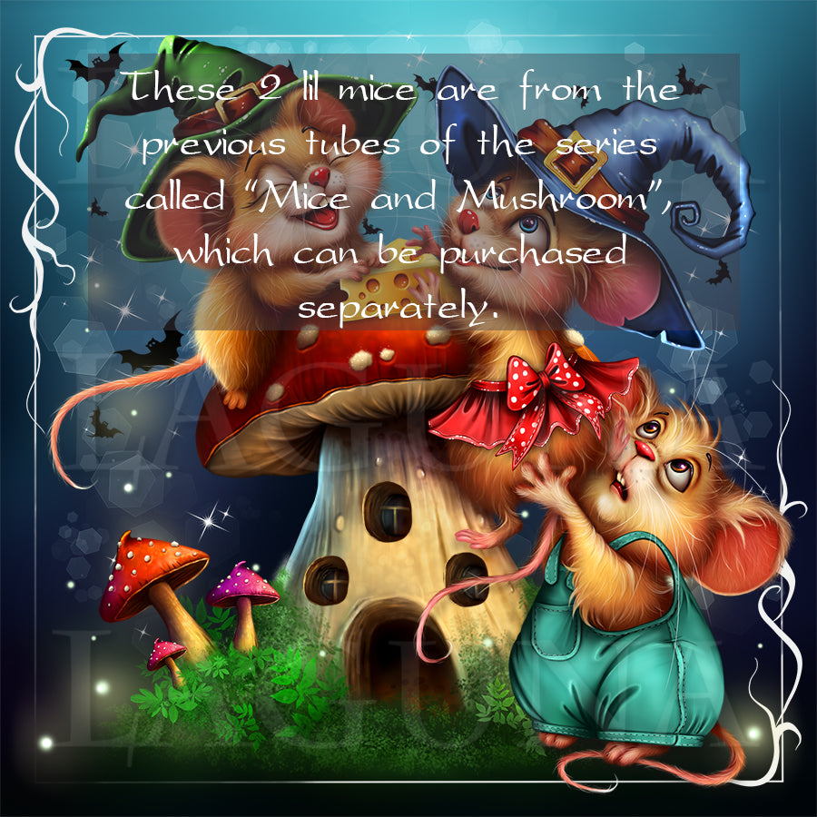 A whimsical illustrated scene of two cartoon mice in Halloweenwitch hats climing a giant mushroom to get cheese. The third mouse is helping the second one to get on top.