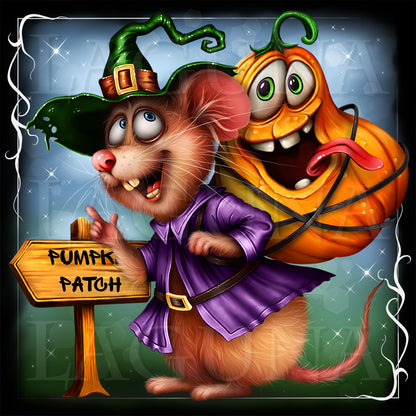 Mischievous Halloween Mouse and Goofy Pumpkin