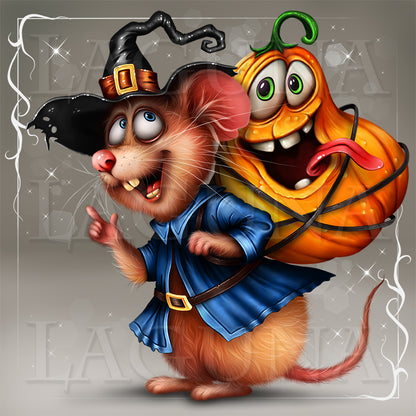 Mischievous Halloween Mouse and Goofy Pumpkin