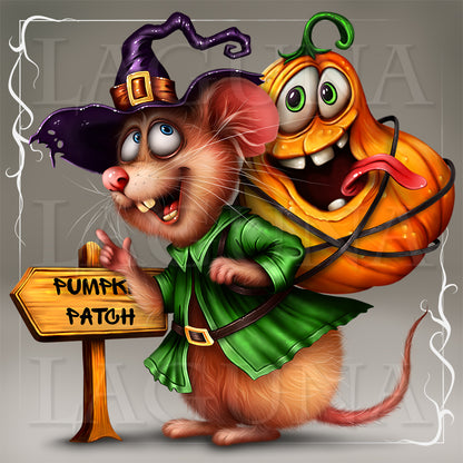 Mischievous Halloween Mouse and Goofy Pumpkin