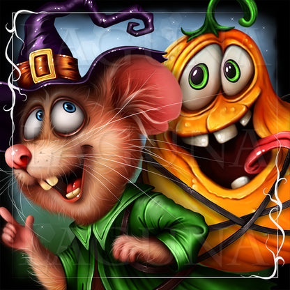 Mischievous Halloween Mouse and Goofy Pumpkin