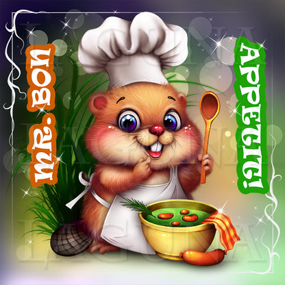 Cute cartoon beaver in a chef's outfit with a bowl of soup, surrounded by decorative elements and text.