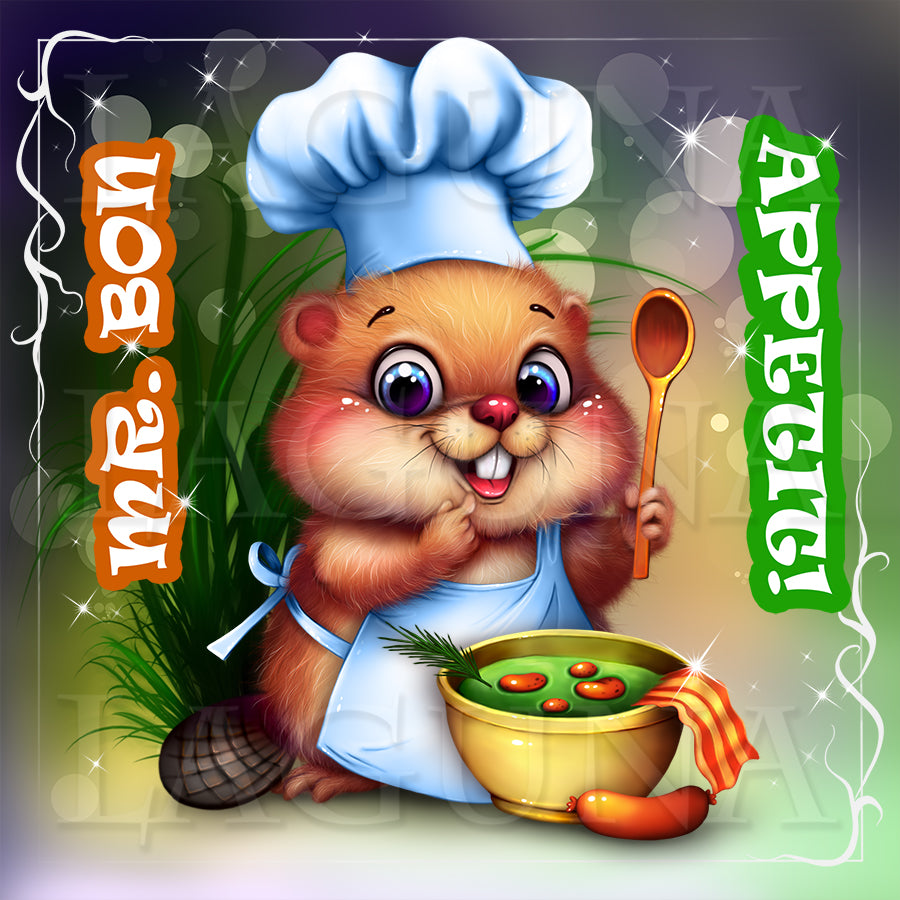 Kawaii cartoon beaver in a chef's outfit holding a bowl of soup with decorative text and elements.