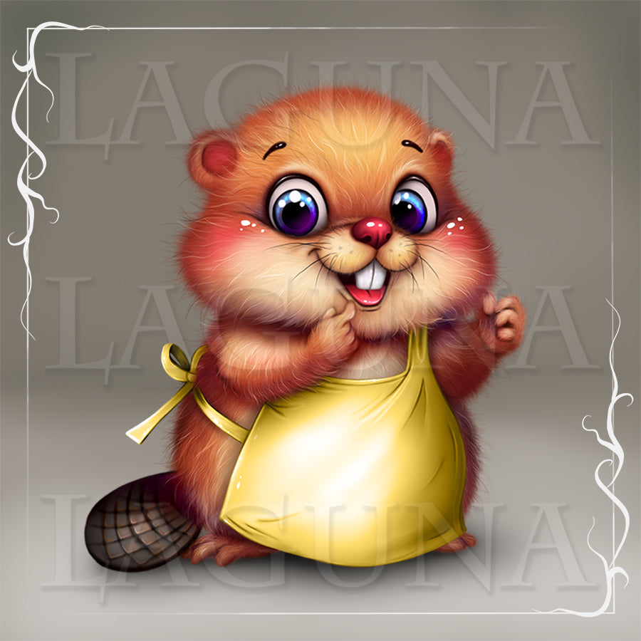 Cartoon beaver character wearing a yellow apron with a bow, on a gray background.