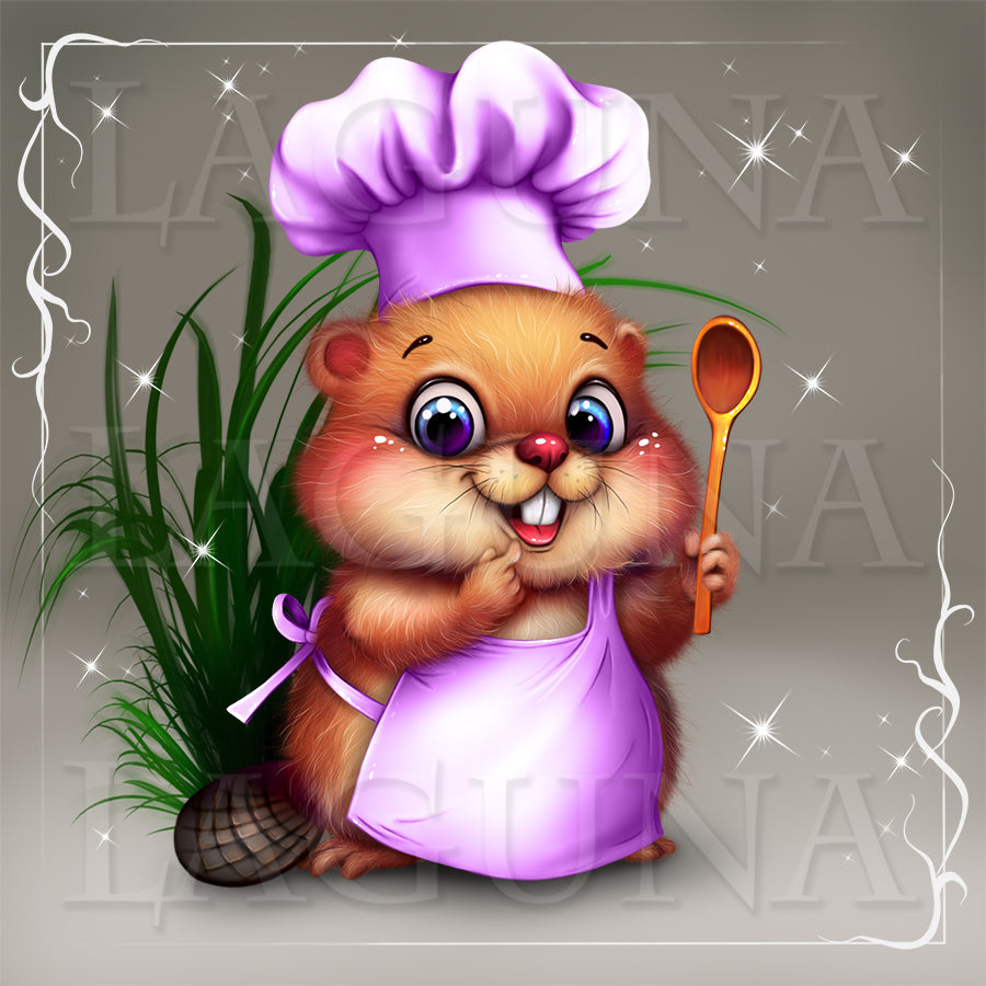 Cartoon beaver character in a purple chef's outfit holding a wooden spoon with decorative elements.