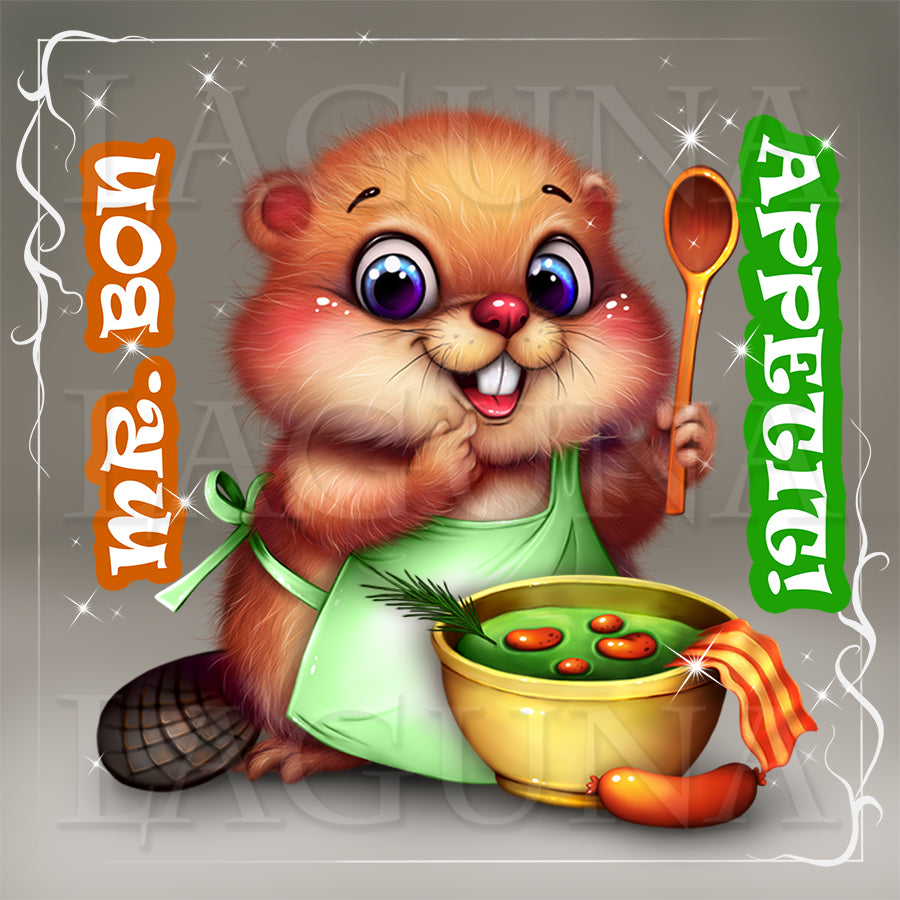 Cartoon beaver character with a bowl of soup, spoon, and text 'Mr. Bon Appetit' on a gray background.