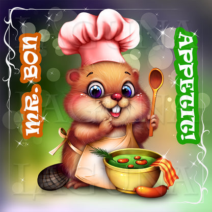 Cartoon animal character in a chef hat with a bowl of soup, holding a spoon, on a colorful background with text.