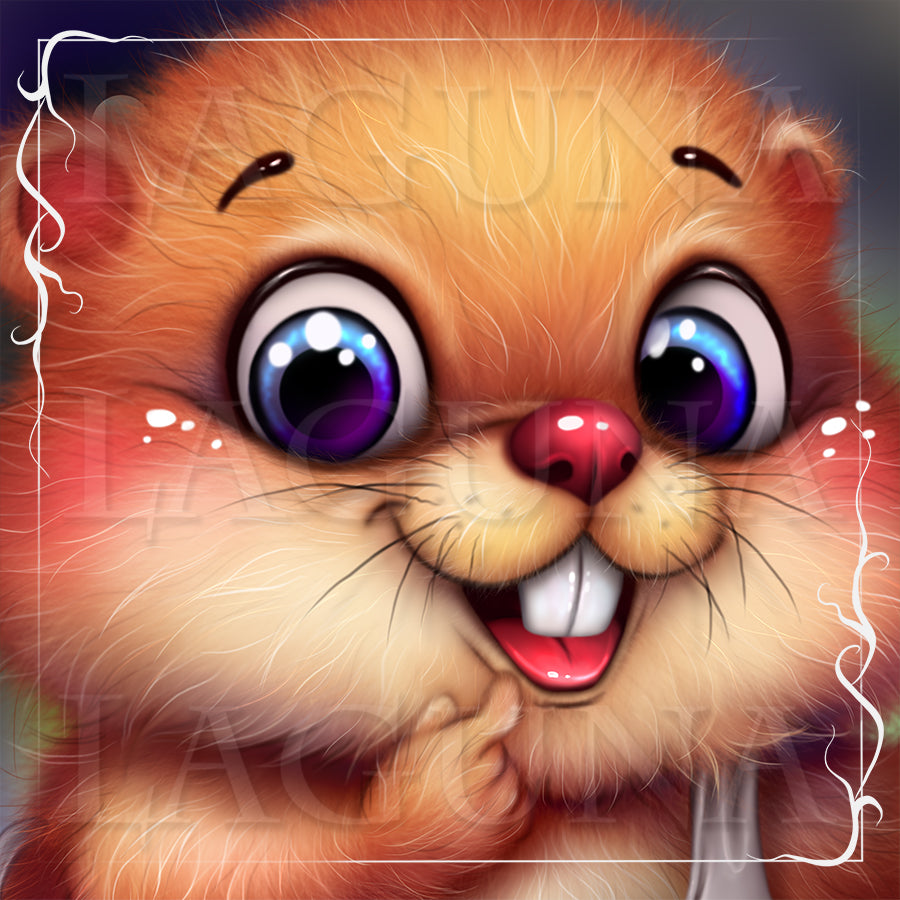 Close-up of a cartoon beaver with large eyes and happy expression.