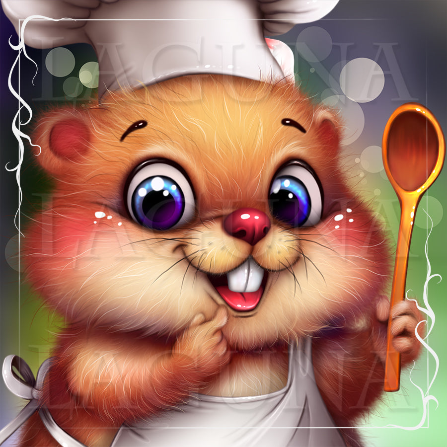 Kawaii cartoon beaver in a chef's outfit holding a wooden spoon.