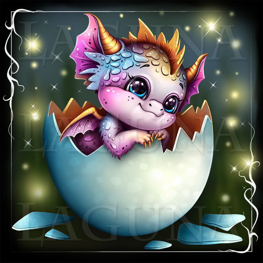 Cartoon kawaii dragon sitting in egg with a dark, starry background