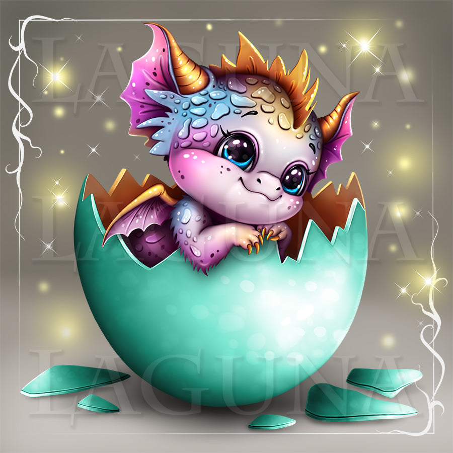 Cartoon kawaii dragon sitting in a cracked egg with sparkling effects