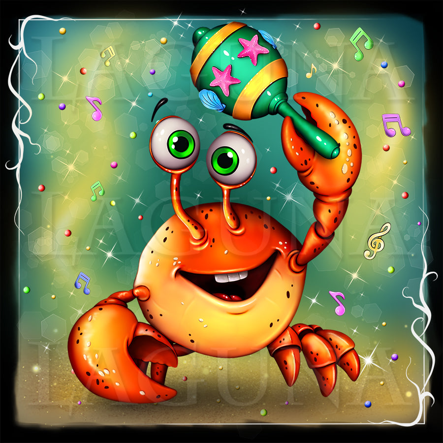 A colorful cartoon-style illustration of a smiling kawaii orange crab holding a blue-green maraca decorated with  yellow stripes and pink stars, set against a glowing teal background with musical notes and sparkles. Visit lagunaartshop.com to get psd file with the character separate from background.