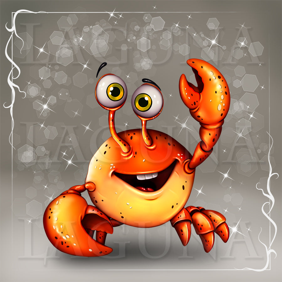 A cute kawaii cartoon orange crab character with large expressive eyes and a wide smile, centered on a gray background with decorative sparkles and a white border. Visit lagunaartshop.com to get psd file with the character separate from background.