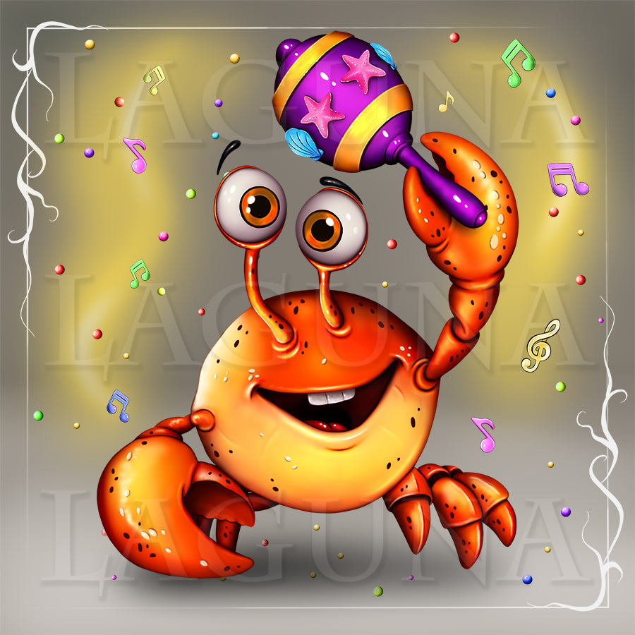 A cartoon orange crab character with large eyes and a smiling face, holding a purple maraca decorated with pink stars. The background is a soft yellow-to-gray gradient with floating colorful musical notes and confetti. Visit lagunaartshop.com to get psd file with the character separate from background.