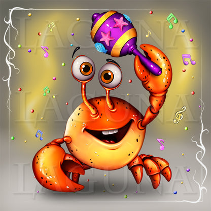 A cartoon orange crab character with large eyes and a smiling face, holding a purple maraca decorated with pink stars. The background is a soft yellow-to-gray gradient with floating colorful musical notes and confetti. Visit lagunaartshop.com to get psd file with the character separate from background.