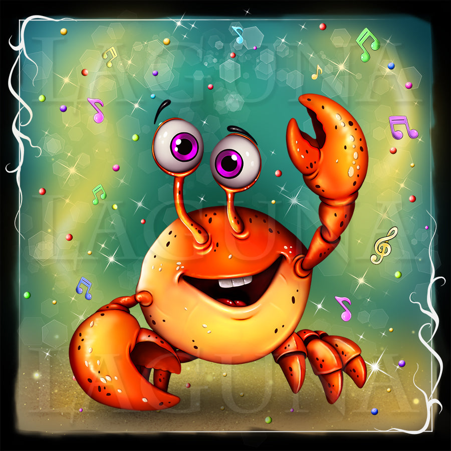 A colorful cartoon crab character with large purple eyes and a wide smile, surrounded by musical notes and sparkles on a teal background with a decorative white border. Visit lagunaartshop.com to get psd file with the character separate from background.