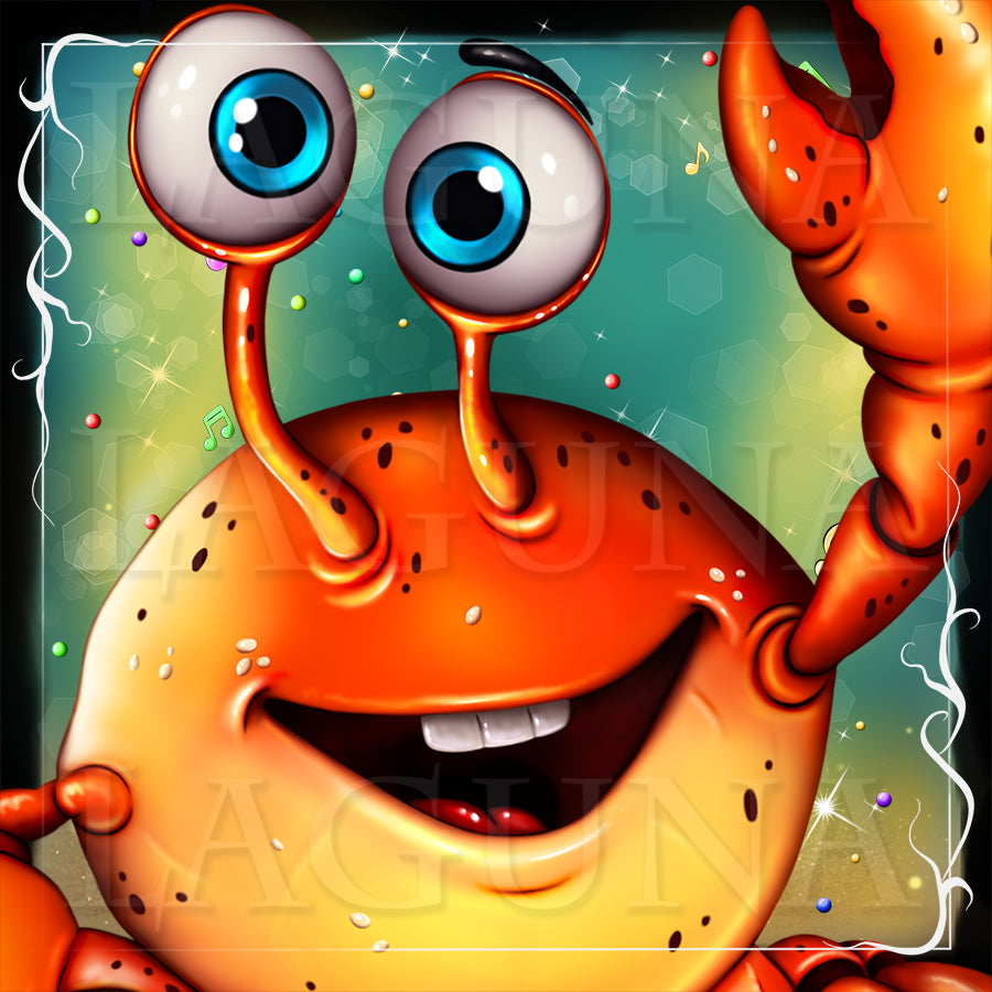 A colorful cartoon crab face close-up with large blue eyes, a wide open smile, and raised orange claws on a teal background with sparkles and a decorative border. Visit lagunaartshop.com to get psd file with the character separate from background.