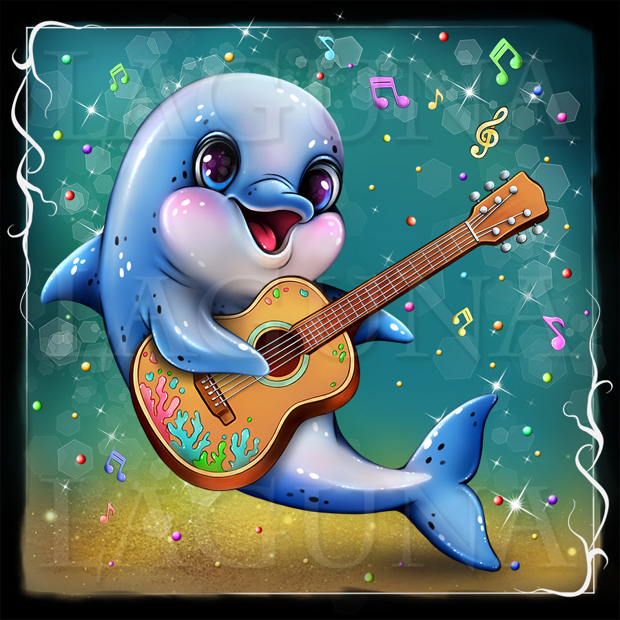 A cute cartoon dolphin playing an acoustic guitar underwater, with colorful musical notes and sparkles around it on a teal background.
