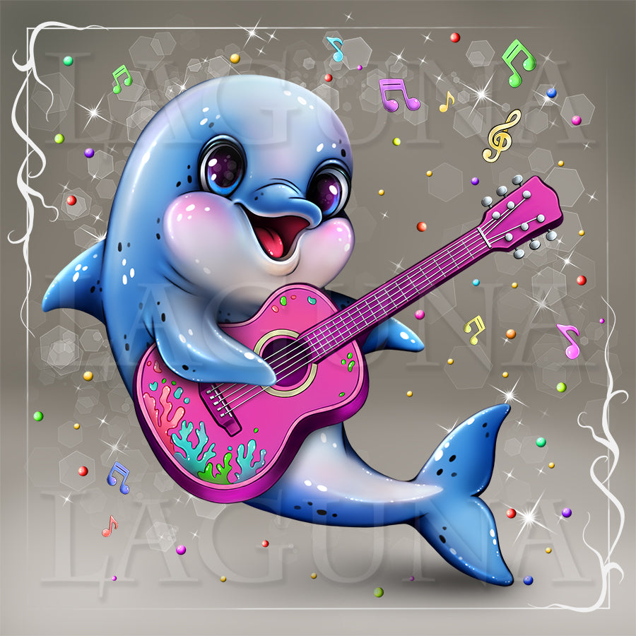 A cute cartoon dolphin playing a pink acoustic guitar, surrounded by colorful musical notes and sparkles on a gray background with a decorative white border.