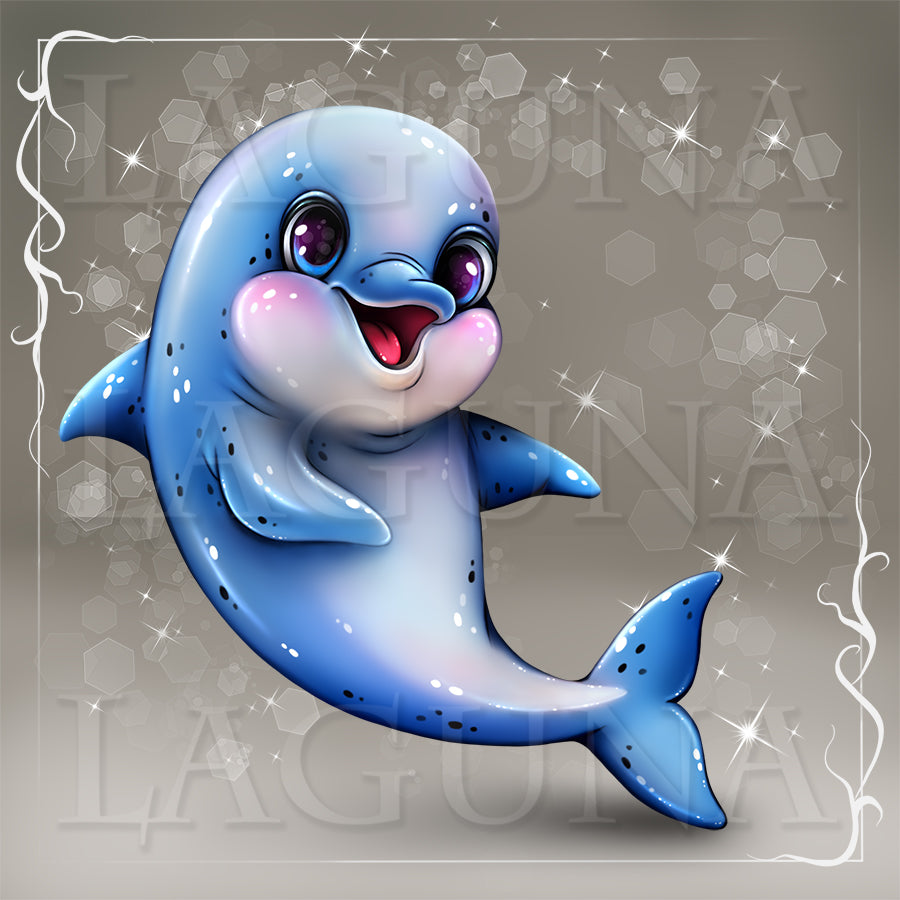 A cute cartoon dolphin illustration in shades of blue, with pink cheeks, large expressive eyes, and a smiling open mouth, set against a soft gray background with decorative sparkles and a faint border.