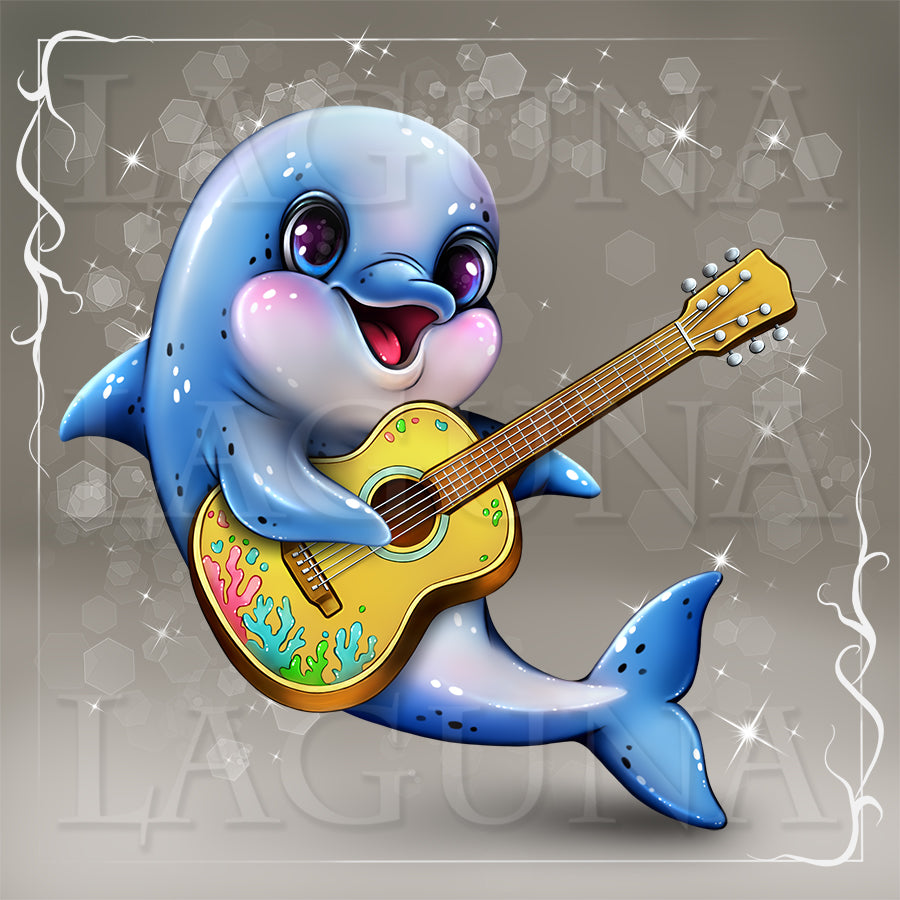 A cute cartoon dolphin playing a yellow acoustic guitar, set against a gray background with decorative sparkles and a white border.