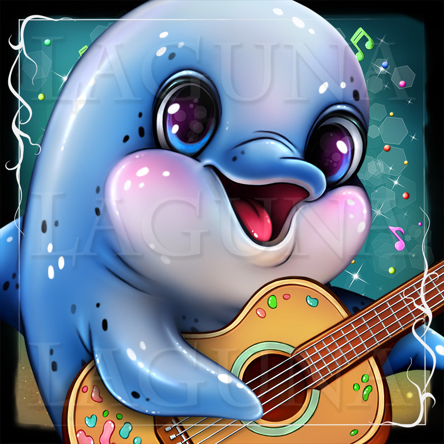 A stylized cartoon dolphin character with large blue eyes, pink cheeks, and a wide open smile, holding a yellow-orange acoustic guitar. 