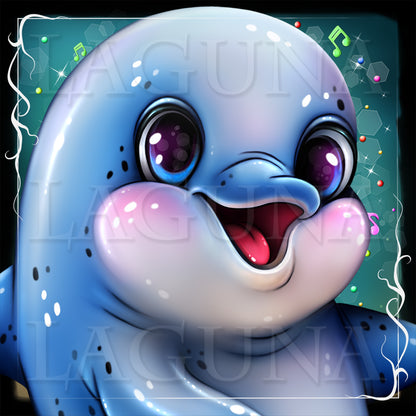 Close-up of a cute cartoon dolphin with blue eyes and happy smile.
