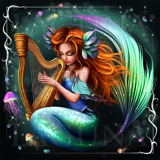 Fantasy illustration of a mermaid with long orange hair and a blue-green tail playing a golden harp, surrounded by jellyfish and a glowing dark teal background with decorative white border elements.